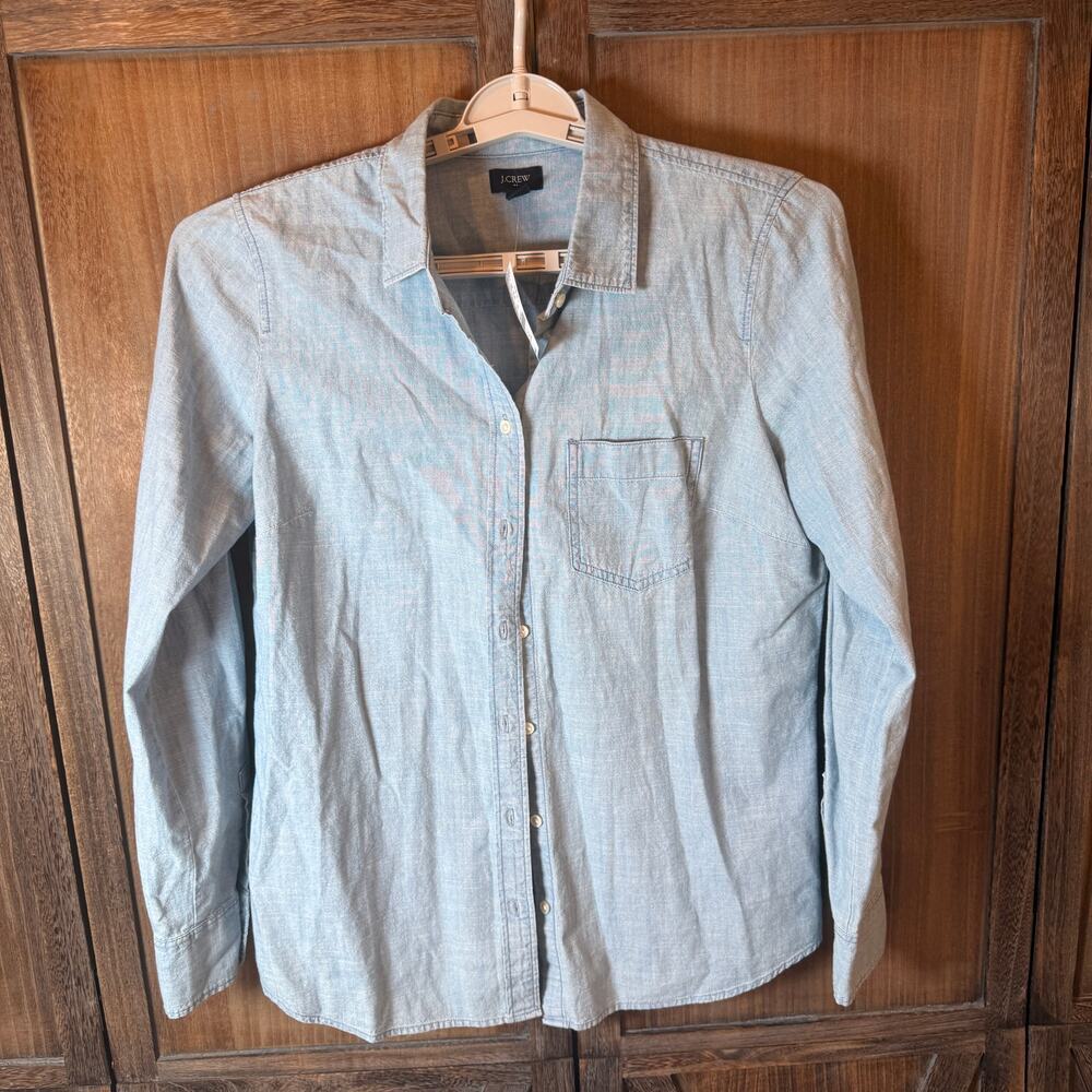 Women's Chambray Star Print Button Front Shirt Blue Long Sleeve Size M